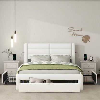 Leather Upholstered Platform Bed with Drawer Storage & Charging Station, White