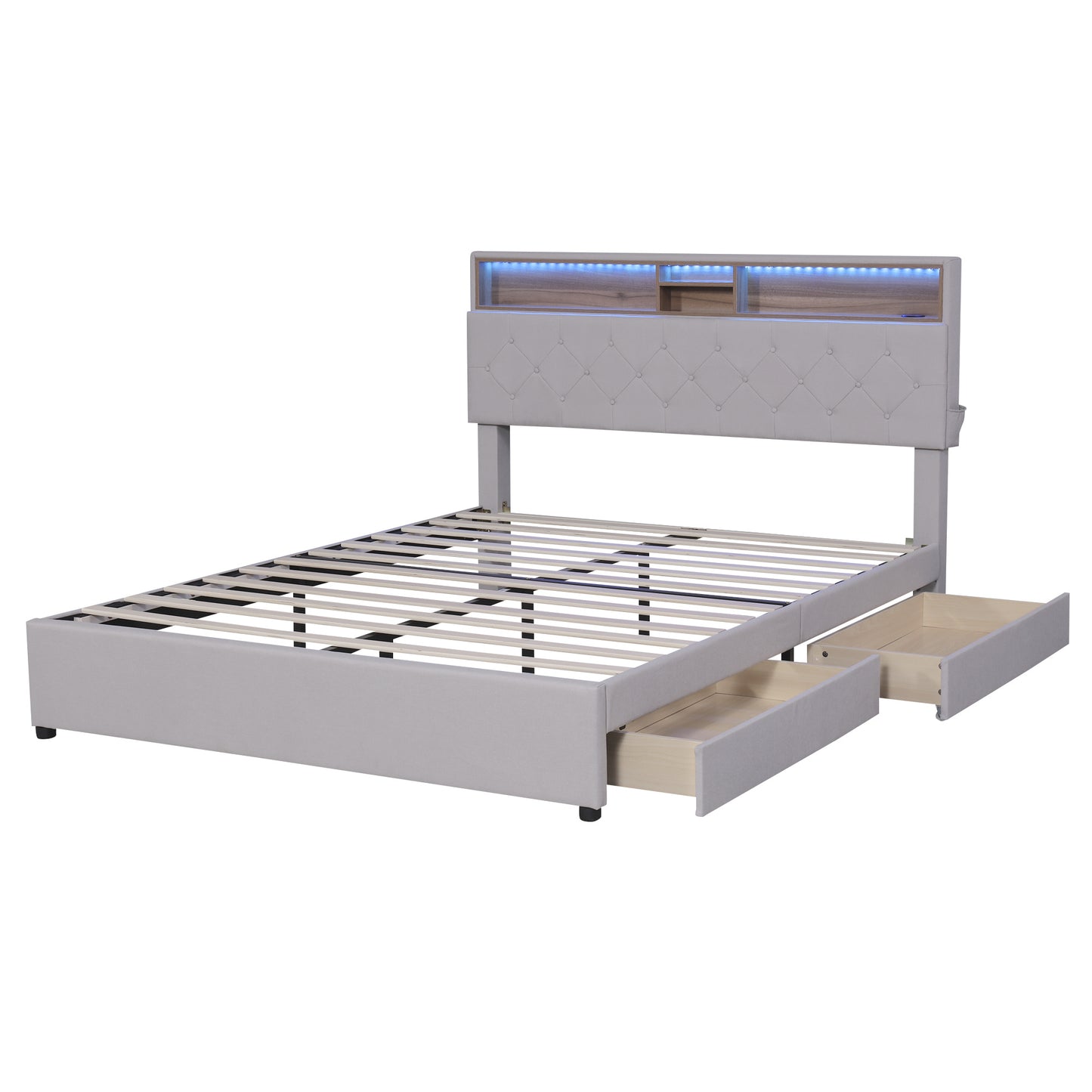 upholstered platform bed with storage headboard, led, usb charging and 2 drawers