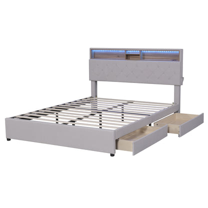 Upholstered Platform Bed with Storage Headboard, LED, USB Charging and 2 Drawers