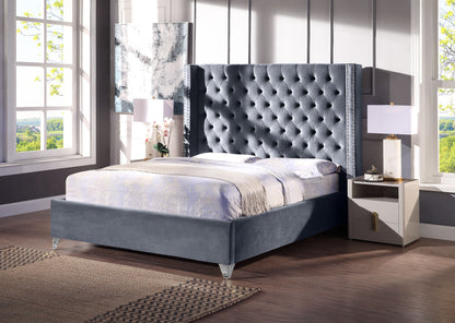 Velvet Upholstered Bed with Deep Button Tufting, Grey