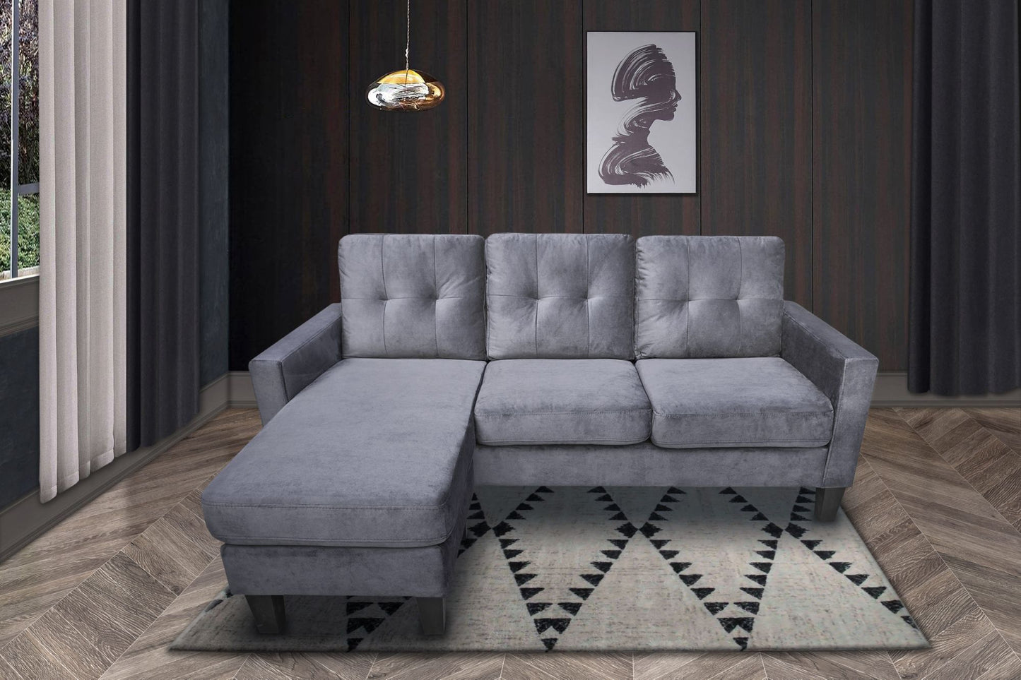 everette velvet reversible sectional sofa, grey