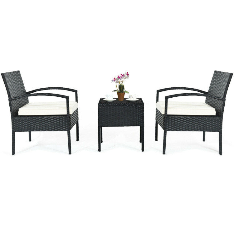 3 pieces outdoor rattan patio conversation set with seat cushions