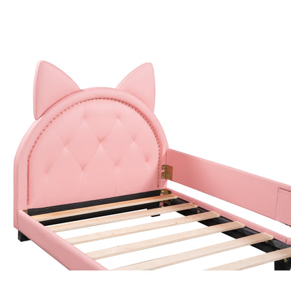Upholstered Daybed with Carton Ears Shaped Headboard, Pink