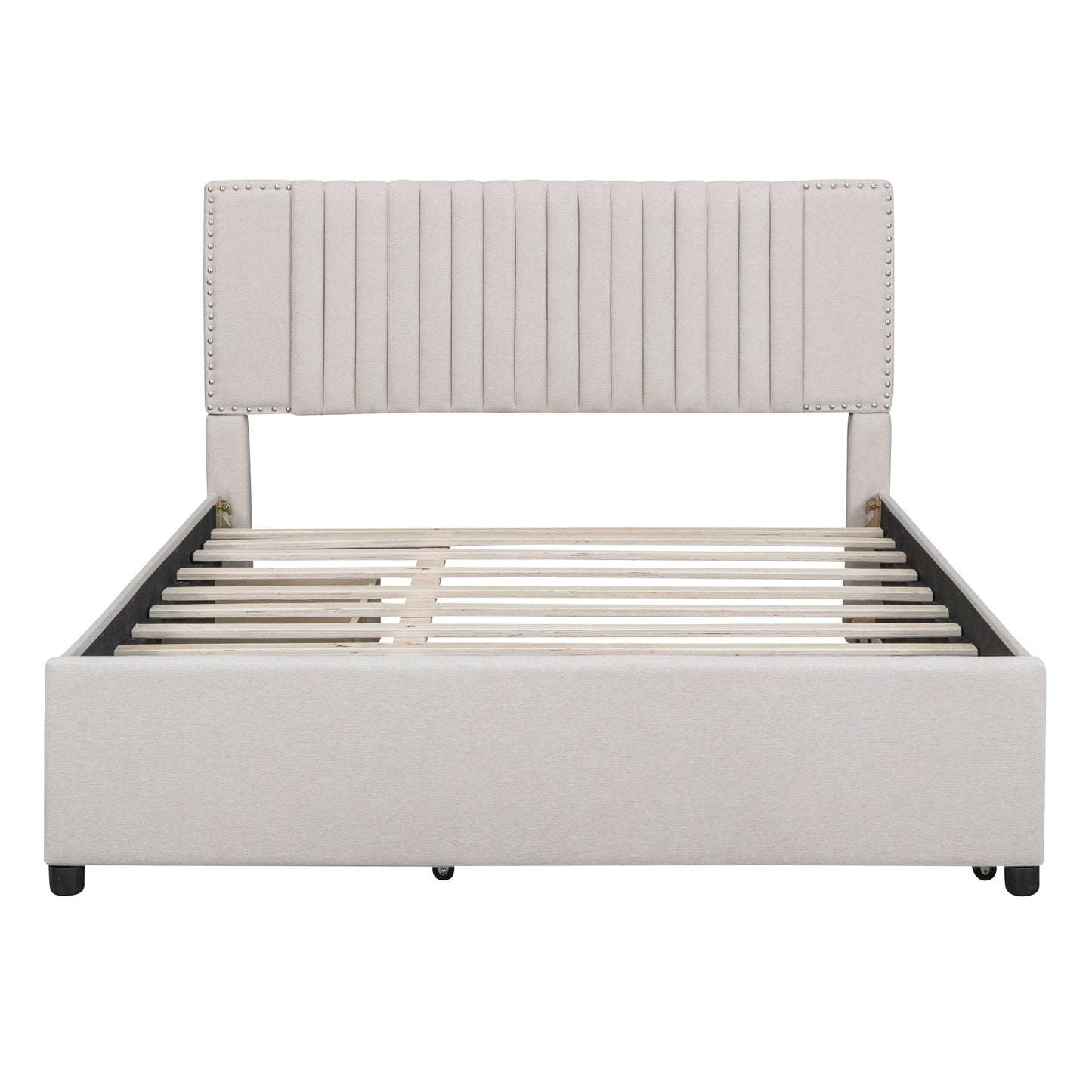 queen size upholstered platform bed with 2 drawers and 1 twin xl trundle, beige
