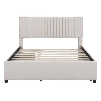 Queen Size Upholstered Platform Bed with 2 Drawers and 1 Twin XL Trundle, Beige