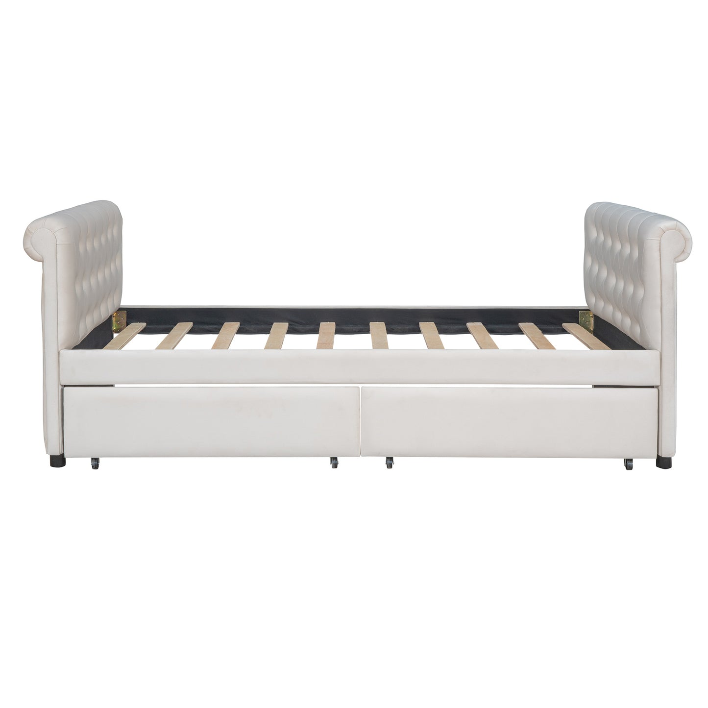 upholstered bed with drawers, beige