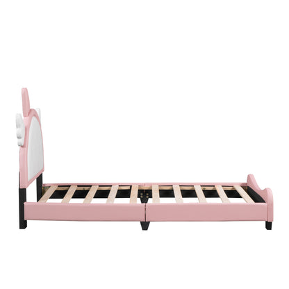 Cute Upholstered Bed With Unicorn Shape Headboard, White+Pink