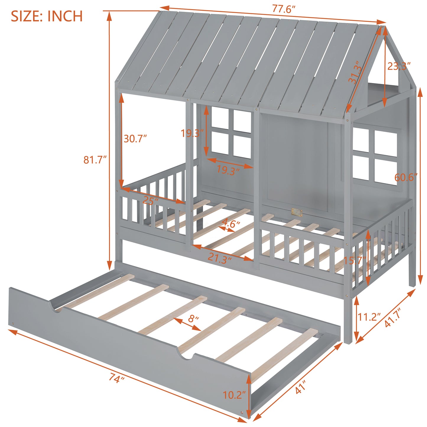 wood house bed with twin size trundle, gray