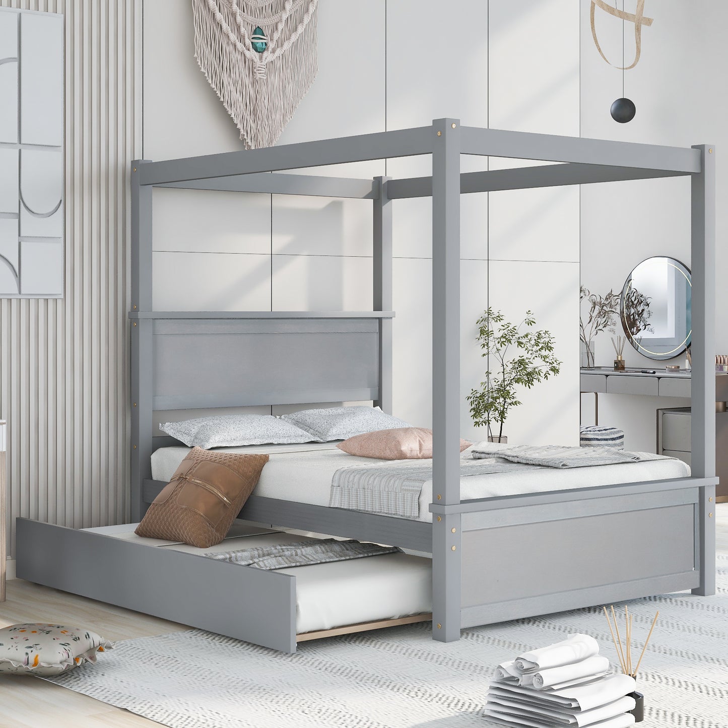 wood canopy bed with trundle
