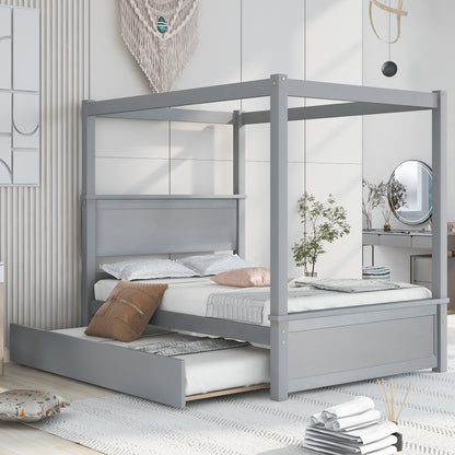 Wood Canopy Bed with Trundle