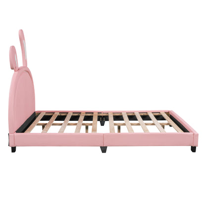 Upholstered Leather Platform Bed with Rabbit Ornament, Pink