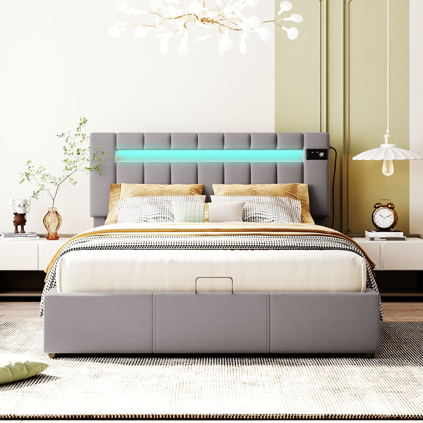 velvet upholstered hydraulic storage bed with led light, bluetooth player, and usb charging