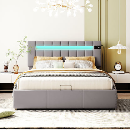 Velvet Upholstered Hydraulic Storage Bed with LED light, Bluetooth Player, and USB Charging
