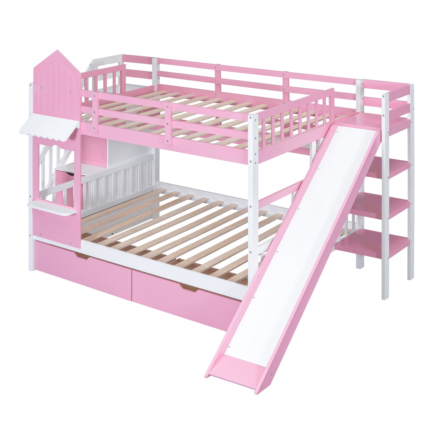 full-over-full castle style bunk bed with 2 drawers 3 shelves and slide - pink