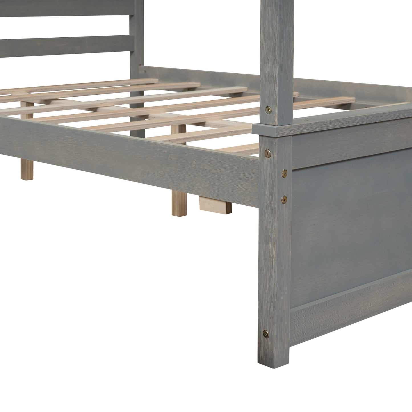 wood canopy bed with two drawers, grey