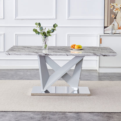 MDF Faux Marble Dining Table with White Double V-Shaped Support