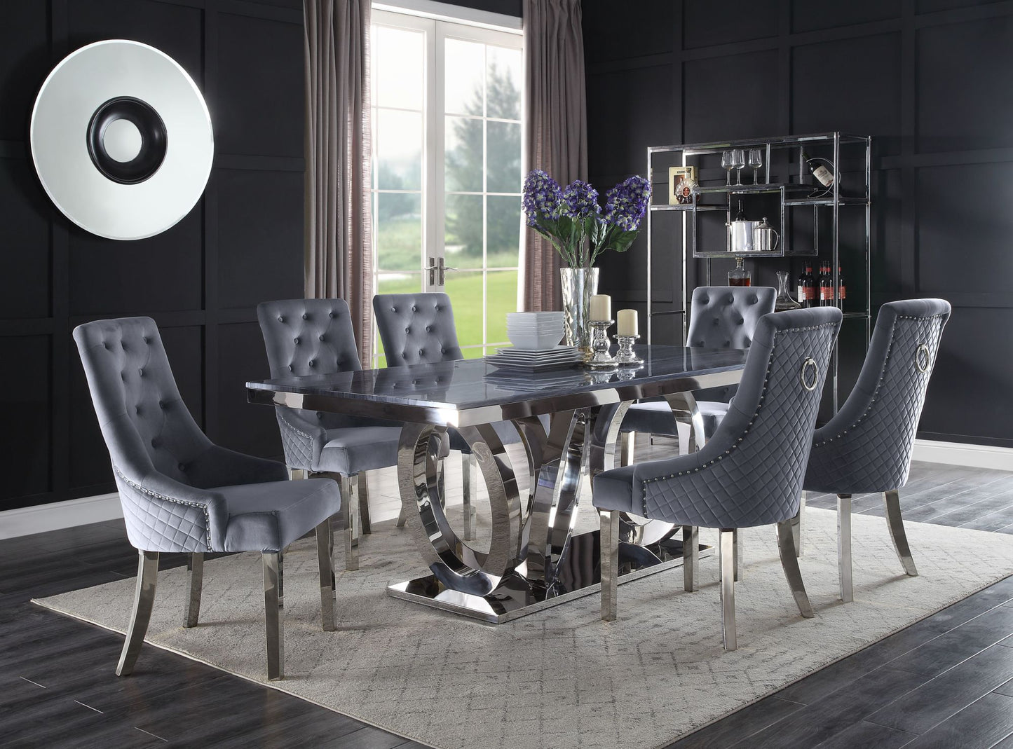 acme nasir dining table, gray printed faux marble & mirrored silver finish