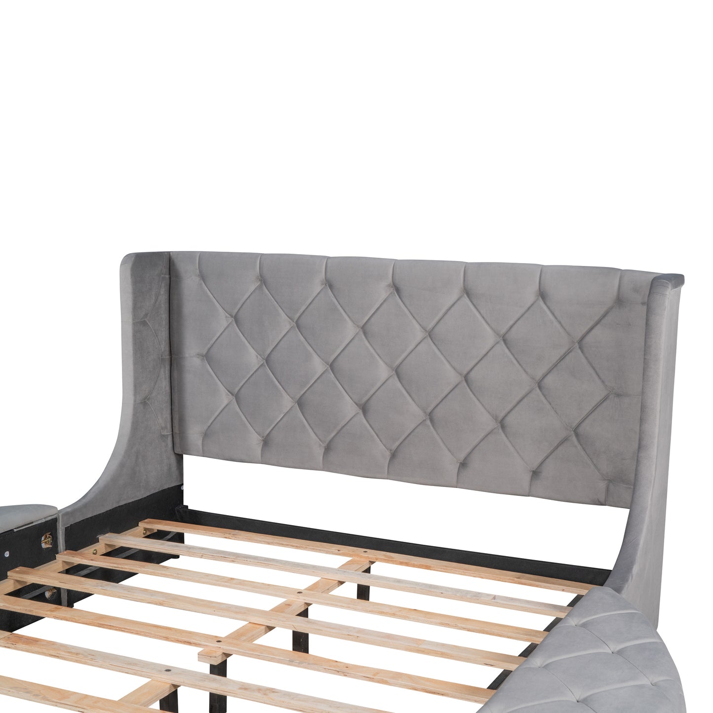 upholstered velvet platform bed with wingback headboard and 1 big drawer; 2 side storage stool