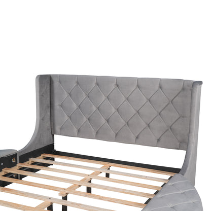 Upholstered Velvet Platform Bed with Wingback Headboard and 1 Big Drawer; 2 Side Storage Stool