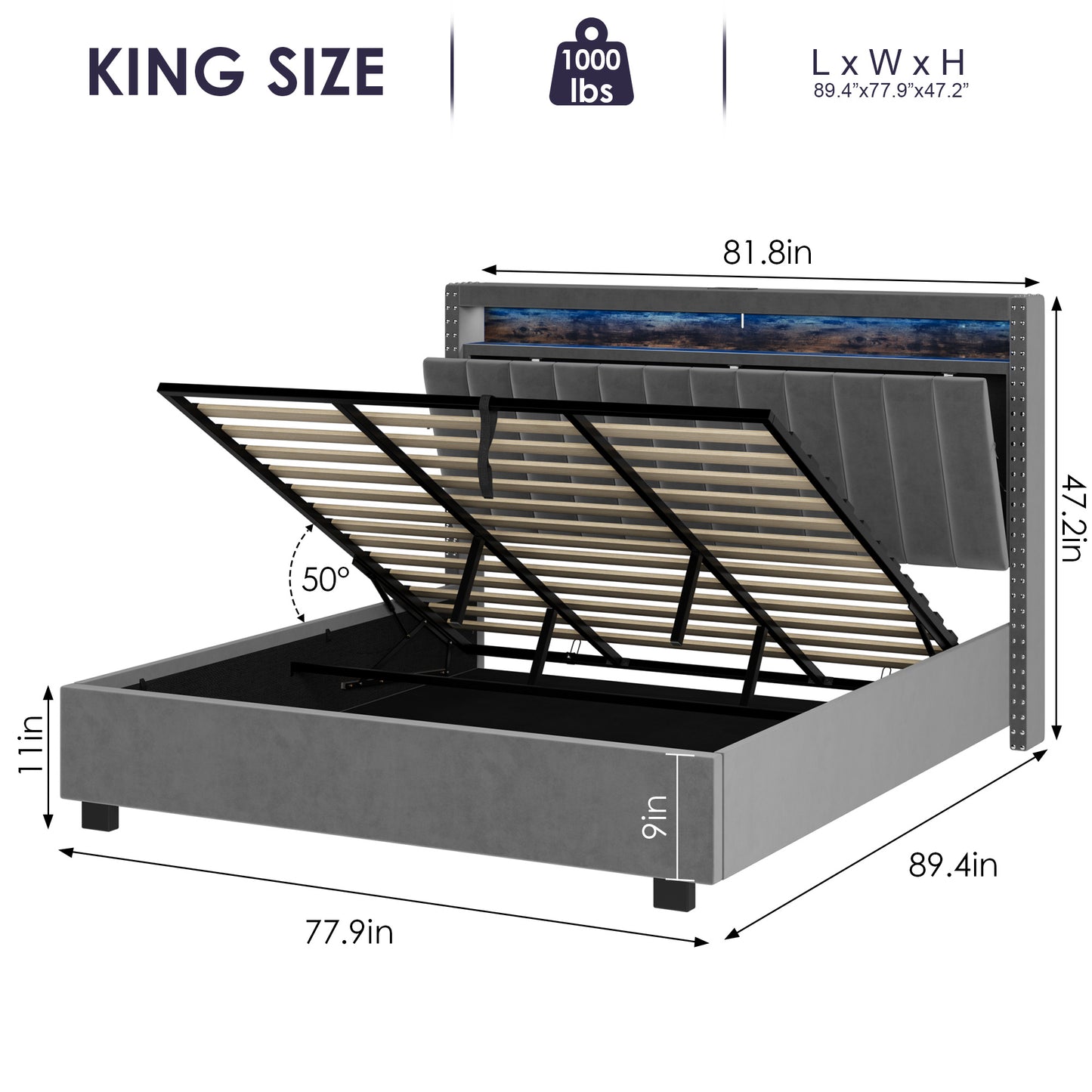 luxury gas lift storage bed with rf led lights ,velvet grey