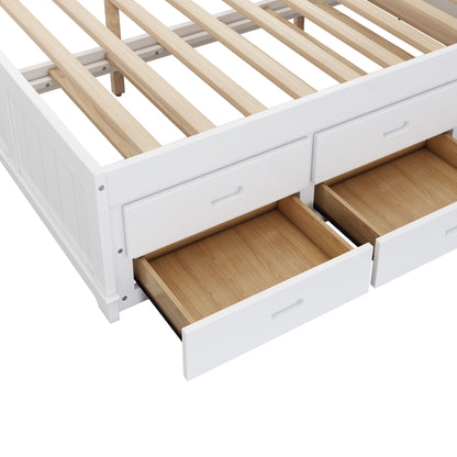 Wooden Captain Bed with Trundle and Nightstand, White+Walnut