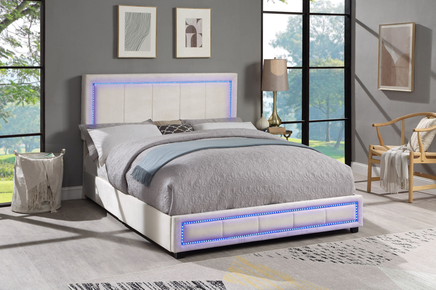 upholstered queen size platform bed with led lights, storage bed with 4 drawers, beige