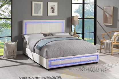 Upholstered Queen Size Platform Bed with LED Lights, Storage Bed with 4 Drawers, Beige