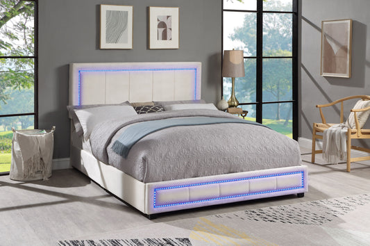 Upholstered Queen Size Platform Bed with LED Lights, Storage Bed with 4 Drawers, Beige