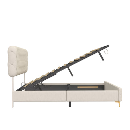 Velvet Upholstered Bed with Deep Tufted Buttons & pneumatic hydraulic function, Beige