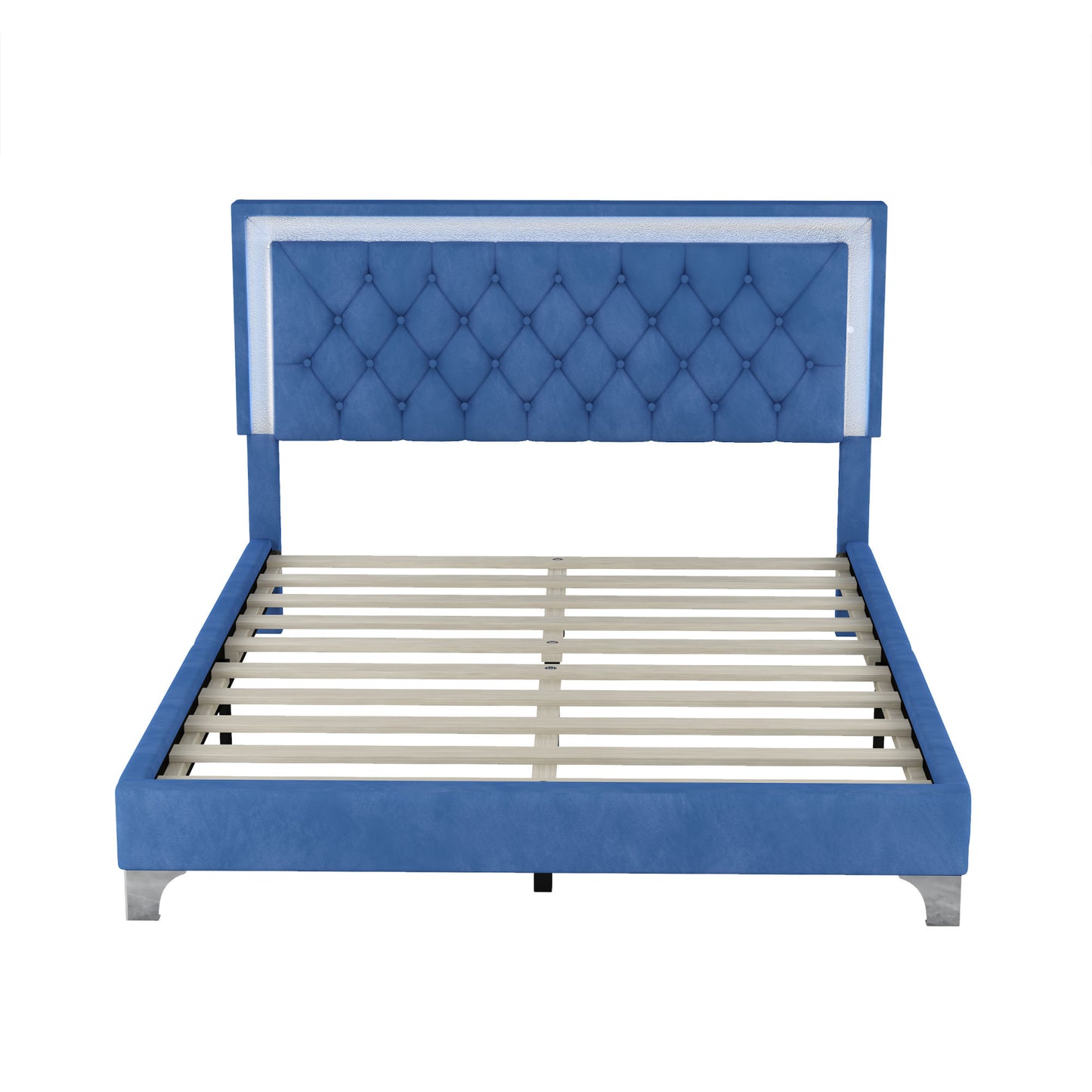 3-pieces upholstered platform bed with led lights and two nightstands-blue