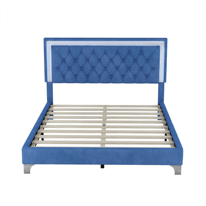 3-Pieces Upholstered Platform Bed with LED Lights and Two Nightstands-Blue