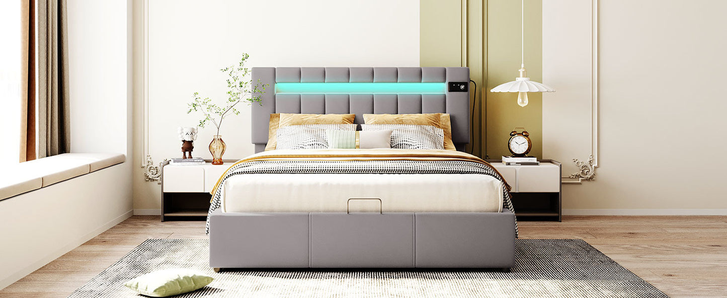 velvet upholstered hydraulic storage bed with led light, bluetooth player, and usb charging