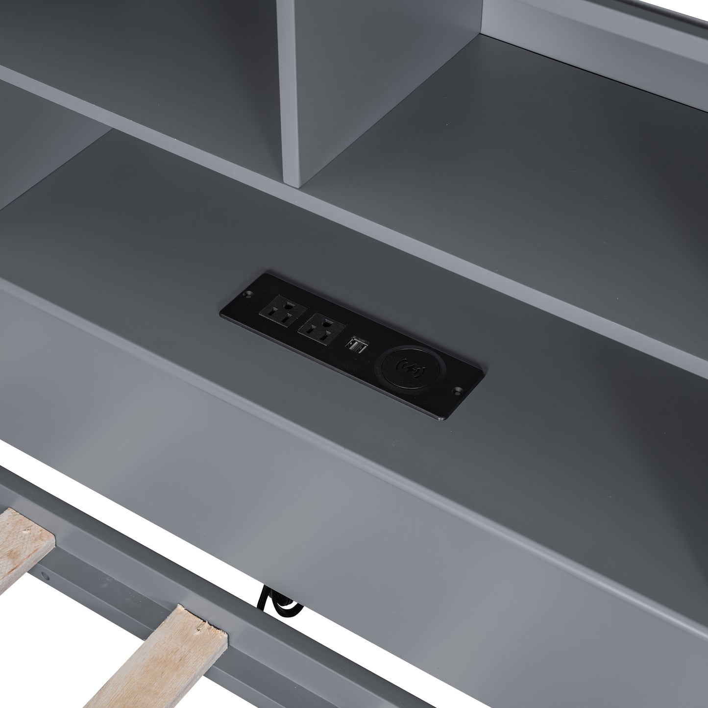 wood bed with multi-storage shelves, charging station and 3 drawers, gray