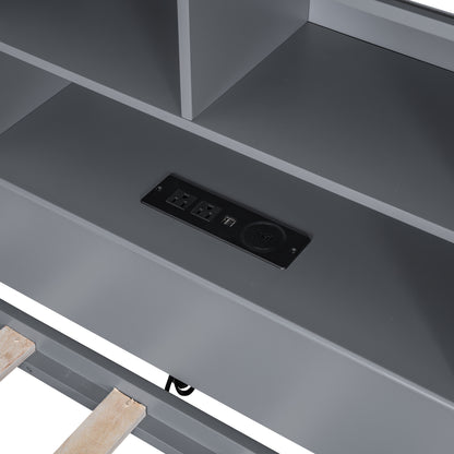 Wood Bed with Multi-Storage Shelves, Charging Station and 3 Drawers, Gray