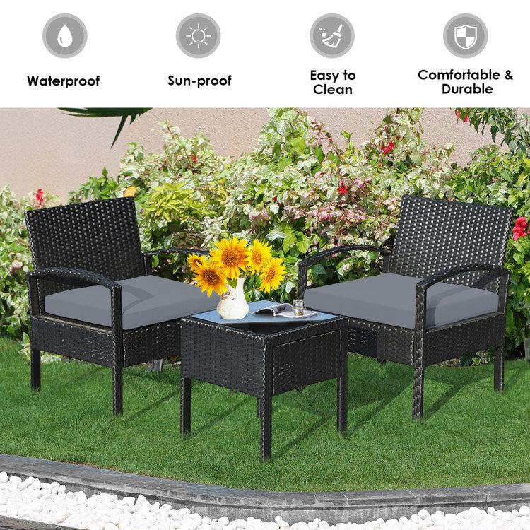 3 pieces outdoor rattan patio conversation set with seat cushions