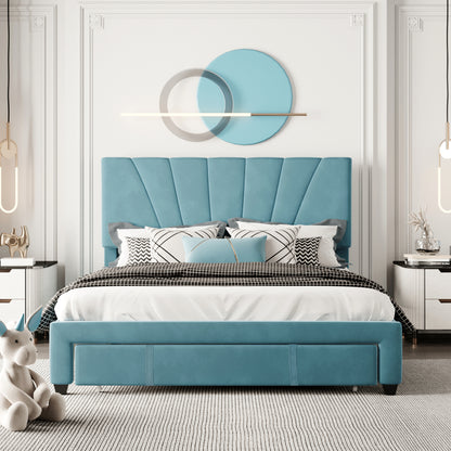 Queen Size Storage Bed Velvet Upholstered Platform Bed with a Big Drawer
