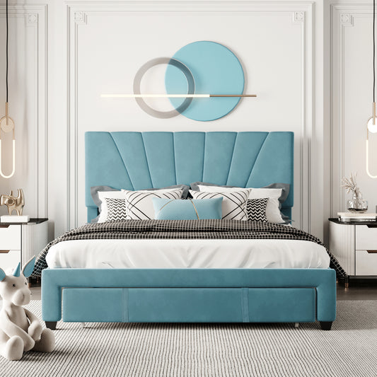 Queen Size Storage Bed Velvet Upholstered Platform Bed with a Big Drawer