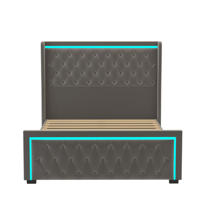 Velvet Upholstered Bed with Adjustable Colorful LED Light Decorative Headboard