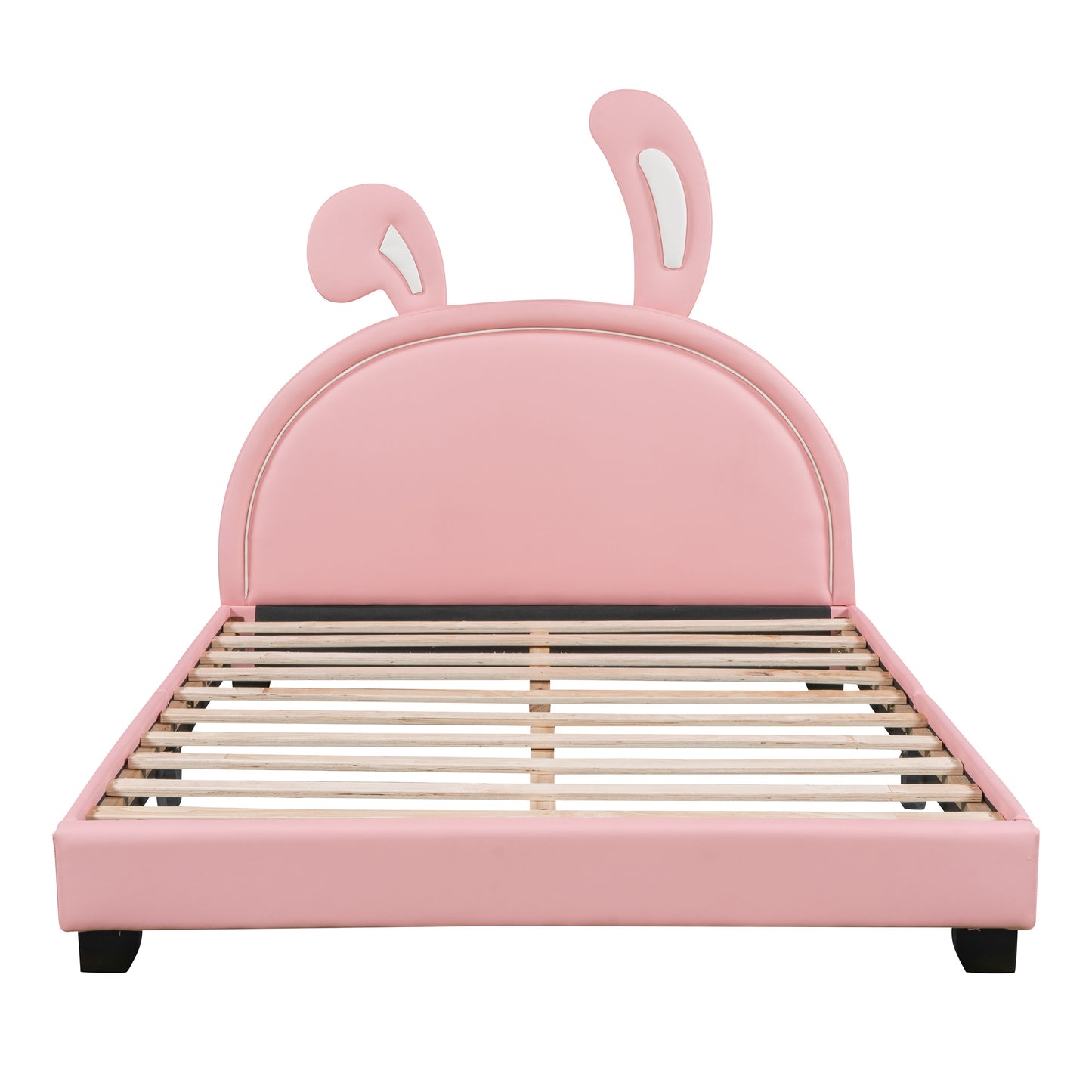 upholstered leather platform bed with rabbit ornament, pink