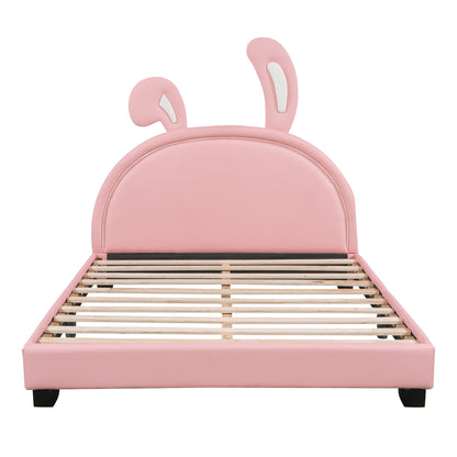 Upholstered Leather Platform Bed with Rabbit Ornament, Pink