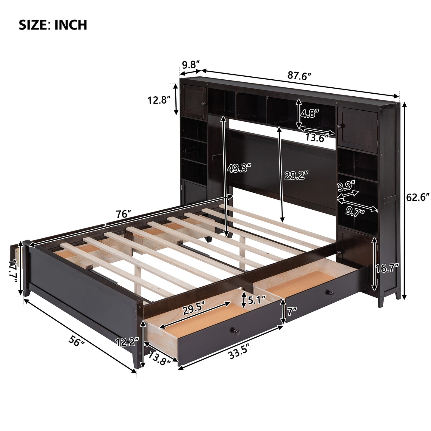 wooden bed with all-in-one cabinet and shelf