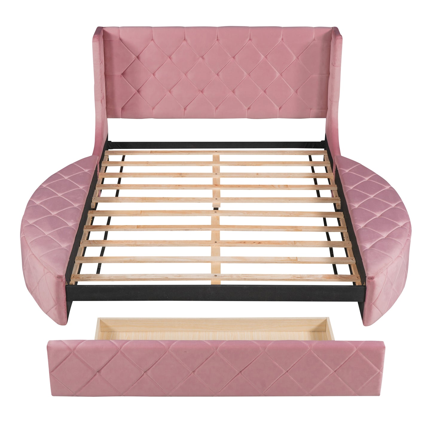 upholstered platform storage velvet bed with wingback headboard- pink