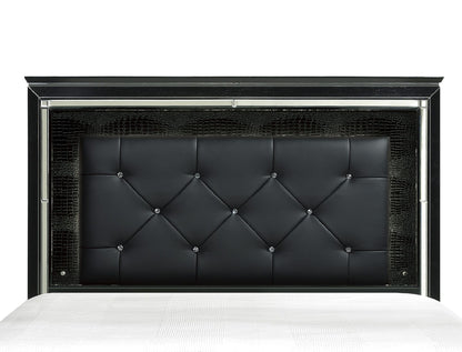 Black Finish Upholstered Button-Tufted Queen Size Bed LED Headboard