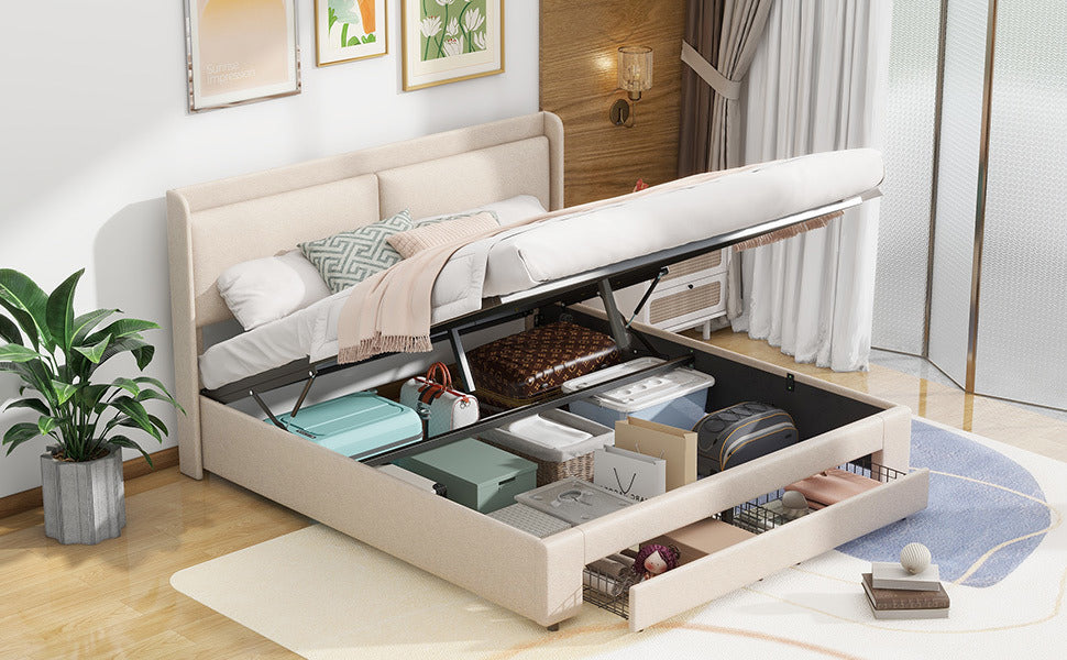 queen size storage upholstered hydraulic platform bed with 2 drawers, beige