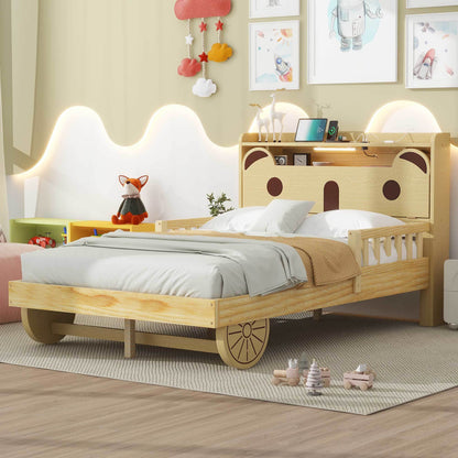 Car Bed with Bear-Shaped Headboard, USB and LED, Natural