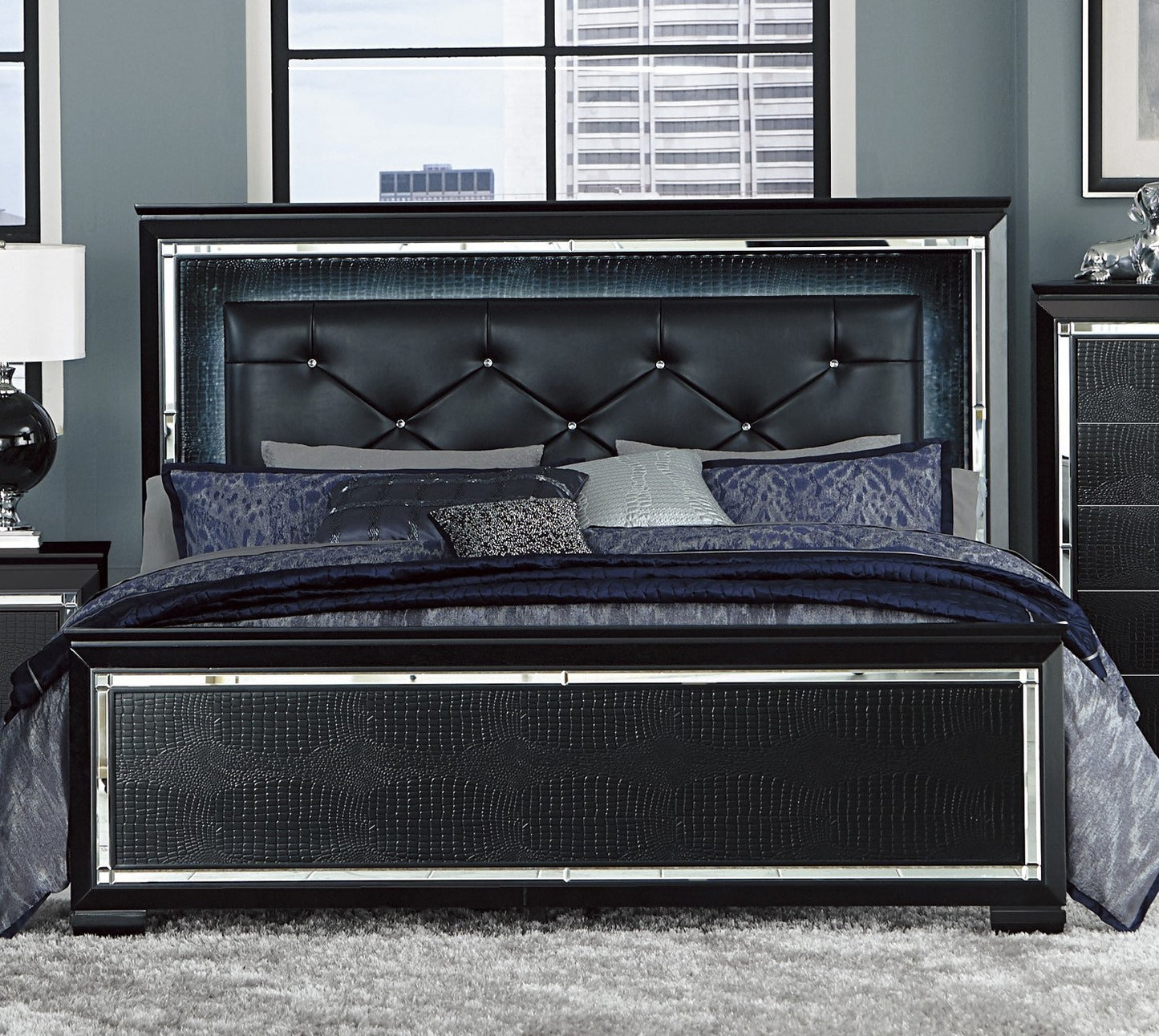 black finish upholstered button-tufted queen size bed led headboard