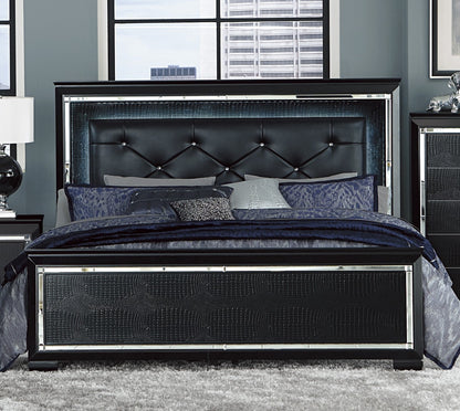 Black Finish Upholstered Button-Tufted Queen Size Bed LED Headboard