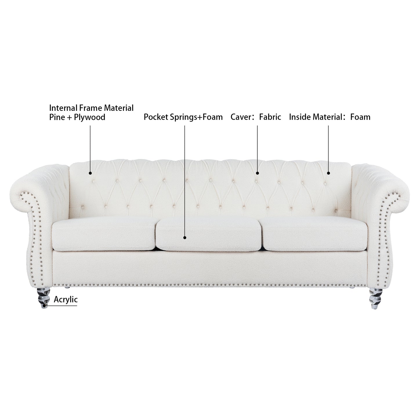 84.65" rolled arm chesterfield 3 seater sofa