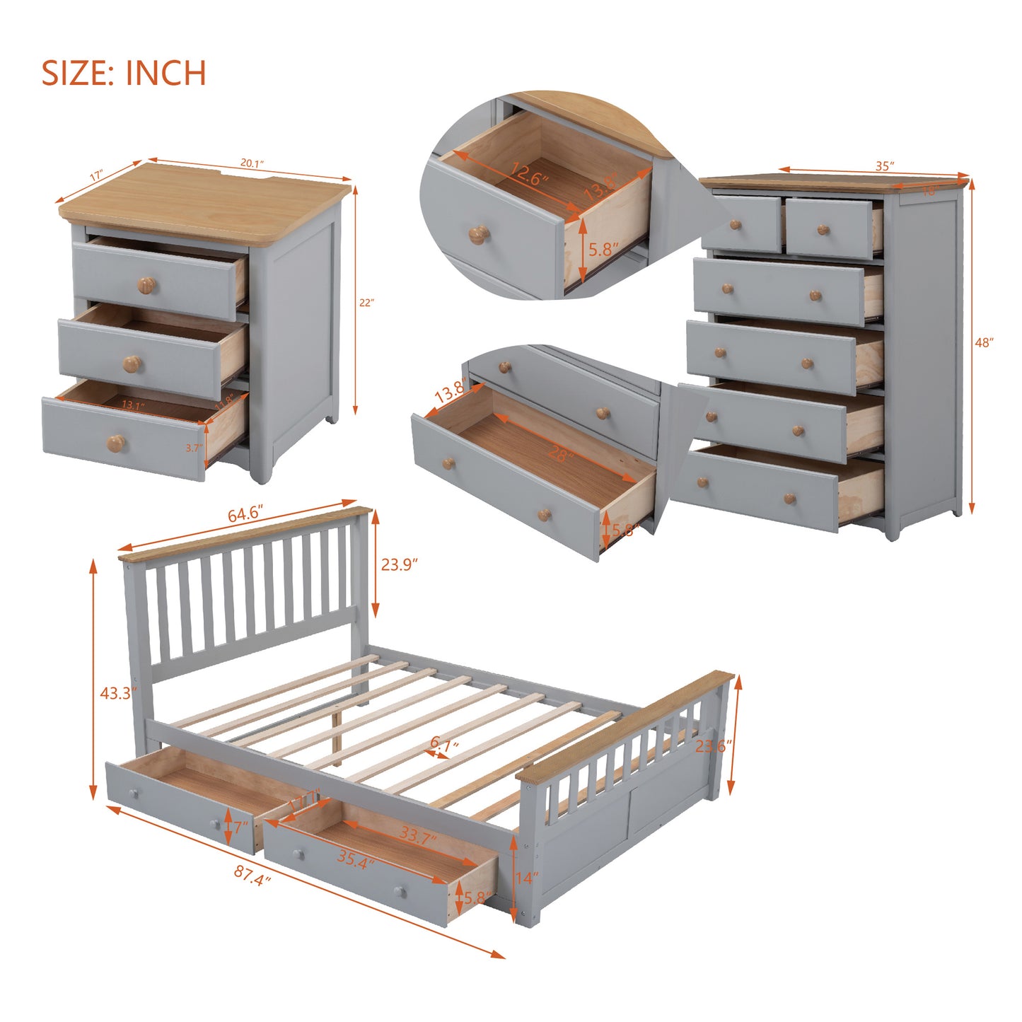 3-pieces bedroom sets with nightstand(usb charging ports) and storage chest,gray+natrual