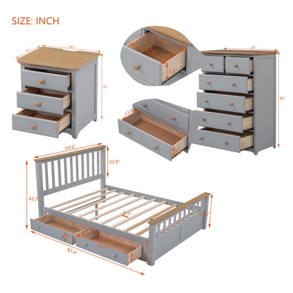 3-Pieces Bedroom Sets with Nightstand(USB Charging Ports) and Storage Chest,Gray+Natrual